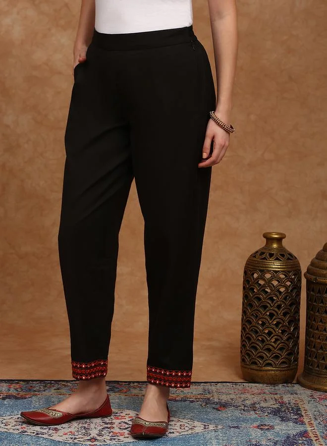 globus Women Black Embroidered Hem Pants